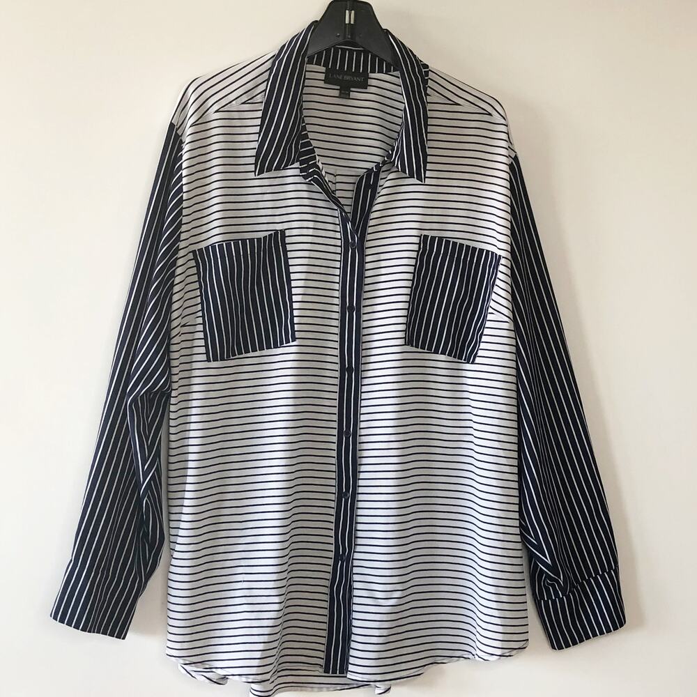 Lane Bryant Blue Top 26 | 28 Blue Stripe Button Front Long Sleeve Tunic Blouse